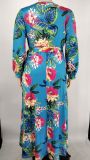 Women'S Sexy V-Neck Floral Printed Plus Size Long Sleeve Slit Maxi Dress