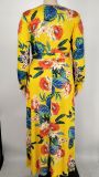 Women'S Sexy V-Neck Floral Printed Plus Size Long Sleeve Slit Maxi Dress
