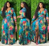 Women'S Sexy V-Neck Floral Printed Plus Size Long Sleeve Slit Maxi Dress