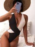 One Piece Swimsuit Patchwork Bikini Swimsuit Women's Cross Swimsuit Color Block Bikini