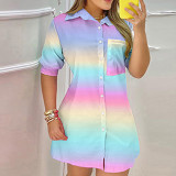 Summer Women's Fashion Color block Print Pocket Single Breasted Shirt Dress