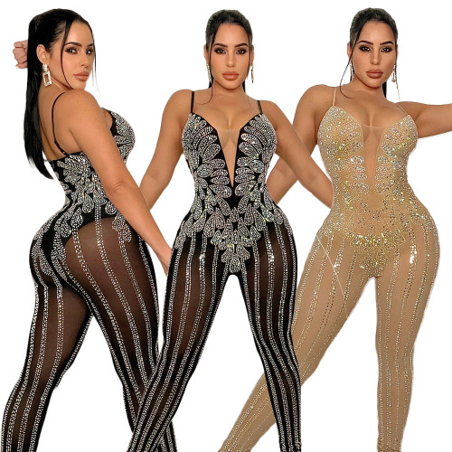 Fashion Sexy Mesh See-Through Beaded Sleeveless Sling Jumpsuit Women