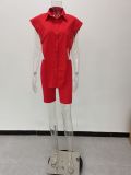 Women Summer Button Sleeveless Top + Shorts Two Piece Set