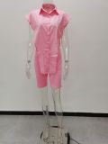 Women Summer Button Sleeveless Top + Shorts Two Piece Set