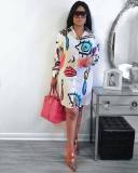 Summer TurndownCollar Print Human Head Long Sleeve Irregular Shirt