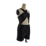 womens sexy Hater neck sequins one-piece shorts