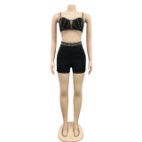 Sexy Nighclub Strap Zip Beaded Tank Top Shorts Two Piece Set