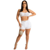 Sexy Nighclub Strap Zip Beaded Tank Top Shorts Two Piece Set