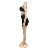 Sexy Nighclub Strap Zip Beaded Tank Top Shorts Two Piece Set