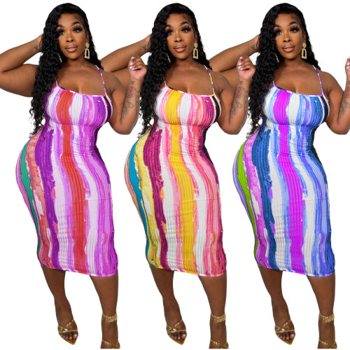 Women's Wide Ribbed Print Sexy Halter Low Back Dress