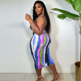 Women's Wide Ribbed Print Sexy Halter Low Back Dress