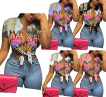 Casual Women Street Trend Printed Fringe Slit Short Sleeves Tie Knott Top