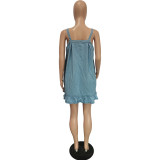 Women Solid Color Sling Button Pocket Loose Denim Dress