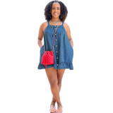 Women Solid Color Sling Button Pocket Loose Denim Dress