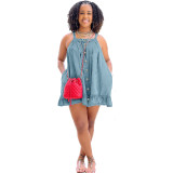 Women Solid Color Sling Button Pocket Loose Denim Dress