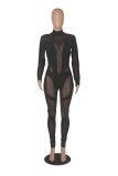 Women'S Mid Neck Sexy Long Sleeve See-Through Mesh Patchwork Jumpsuit