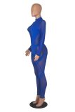 Women'S Mid Neck Sexy Long Sleeve See-Through Mesh Patchwork Jumpsuit