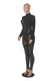 Women'S Mid Neck Sexy Long Sleeve See-Through Mesh Patchwork Jumpsuit