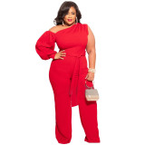 Fall Plus Size Women'S Slash Shoulder Single Sleeve Wide Leg Jumpsuit With Belt