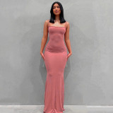 Women'S Solid Color Casual Slim Strap Long Home Dress