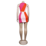Sexy Colo Contrast Beaded Sleeveless Tank Top Skirt Two Piece Set