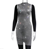 Women'S Diamond Beaded Round Neck Sleeveless Hollow Out Mesh Dress