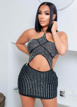 Sexy Slim Halter Lace-Up Backless Cutout Beaded Club Dress