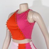 Sexy Colo Contrast Beaded Sleeveless Tank Top Skirt Two Piece Set