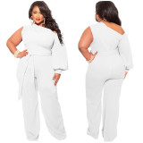 Fall Plus Size Women'S Slash Shoulder Single Sleeve Wide Leg Jumpsuit With Belt