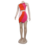 Sexy Colo Contrast Beaded Sleeveless Tank Top Skirt Two Piece Set