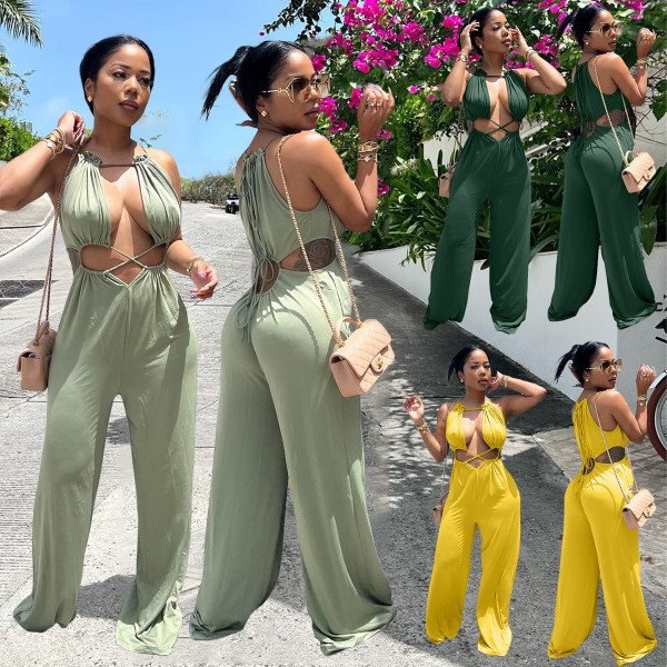 Fashion Sexy Irregular Lace-Up Wrap Chest Loose Wide Leg Jumpsuit