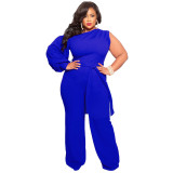 Fall Plus Size Women'S Slash Shoulder Single Sleeve Wide Leg Jumpsuit With Belt