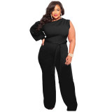 Fall Plus Size Women'S Slash Shoulder Single Sleeve Wide Leg Jumpsuit With Belt