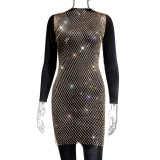 Women'S Diamond Beaded Round Neck Sleeveless Hollow Out Mesh Dress