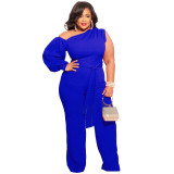Fall Plus Size Women'S Slash Shoulder Single Sleeve Wide Leg Jumpsuit With Belt