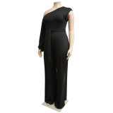 Fall Plus Size Women'S Slash Shoulder Single Sleeve Wide Leg Jumpsuit With Belt