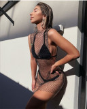 Women'S Diamond Beaded Round Neck Sleeveless Hollow Out Mesh Dress