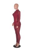 Women'S Mid Neck Sexy Long Sleeve See-Through Mesh Patchwork Jumpsuit