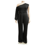Fall Plus Size Women'S Slash Shoulder Single Sleeve Wide Leg Jumpsuit With Belt