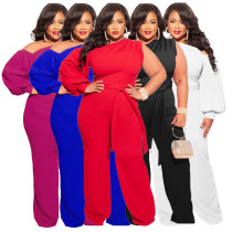 Fall Plus Size Women'S Slash Shoulder Single Sleeve Wide Leg Jumpsuit With Belt Fall Plus Size Women'S Slash Shoulder Single Sleeve Wide Leg Jumpsuit With Belt
