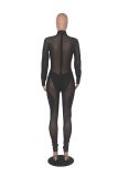 Women'S Mid Neck Sexy Long Sleeve See-Through Mesh Patchwork Jumpsuit