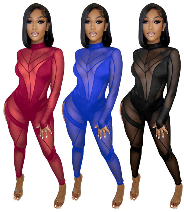 Women'S Mid Neck Sexy Long Sleeve See-Through Mesh Patchwork Jumpsuit