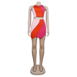 Sexy Colo Contrast Beaded Sleeveless Tank Top Skirt Two Piece Set
