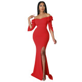 Ruffle Edge Off Shoulder Slim Fit Sexy Slit Women's Dress