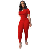 Plus Size Sports Two Piece Ribbed High Stretch Solid Color Suit Women