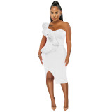 Fashion Casual Ruffle Slit One Shoulder Sleeve Dress Women