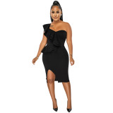 Fashion Casual Ruffle Slit One Shoulder Sleeve Dress Women
