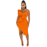 Fashion Casual Ruffle Slit One Shoulder Sleeve Dress Women