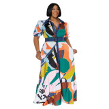 Summer Multi-Color Print Belted Loose Plus Size Women's Maxi Dress