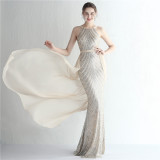 Positioning flower sequins evening dress craft beading Halter Neck style Chic glamorous lady Formal Party long gown